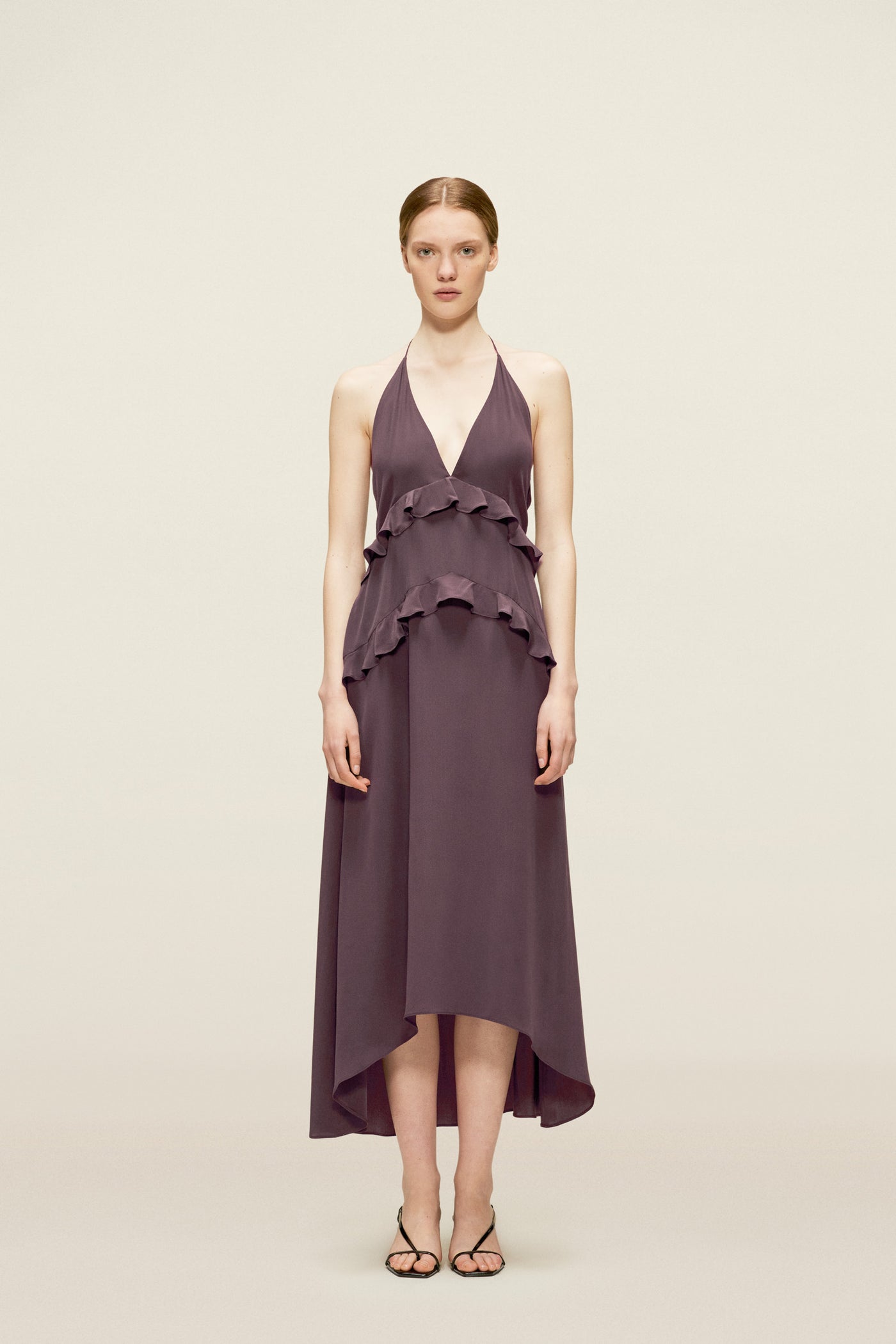 navy and ivory bridesmaid dresses Dark Navy Bridesmaid Dresses Flowy One Shoulder Long Sleeves Floor Length Chiffon Bridesmaid Dresses main image 0