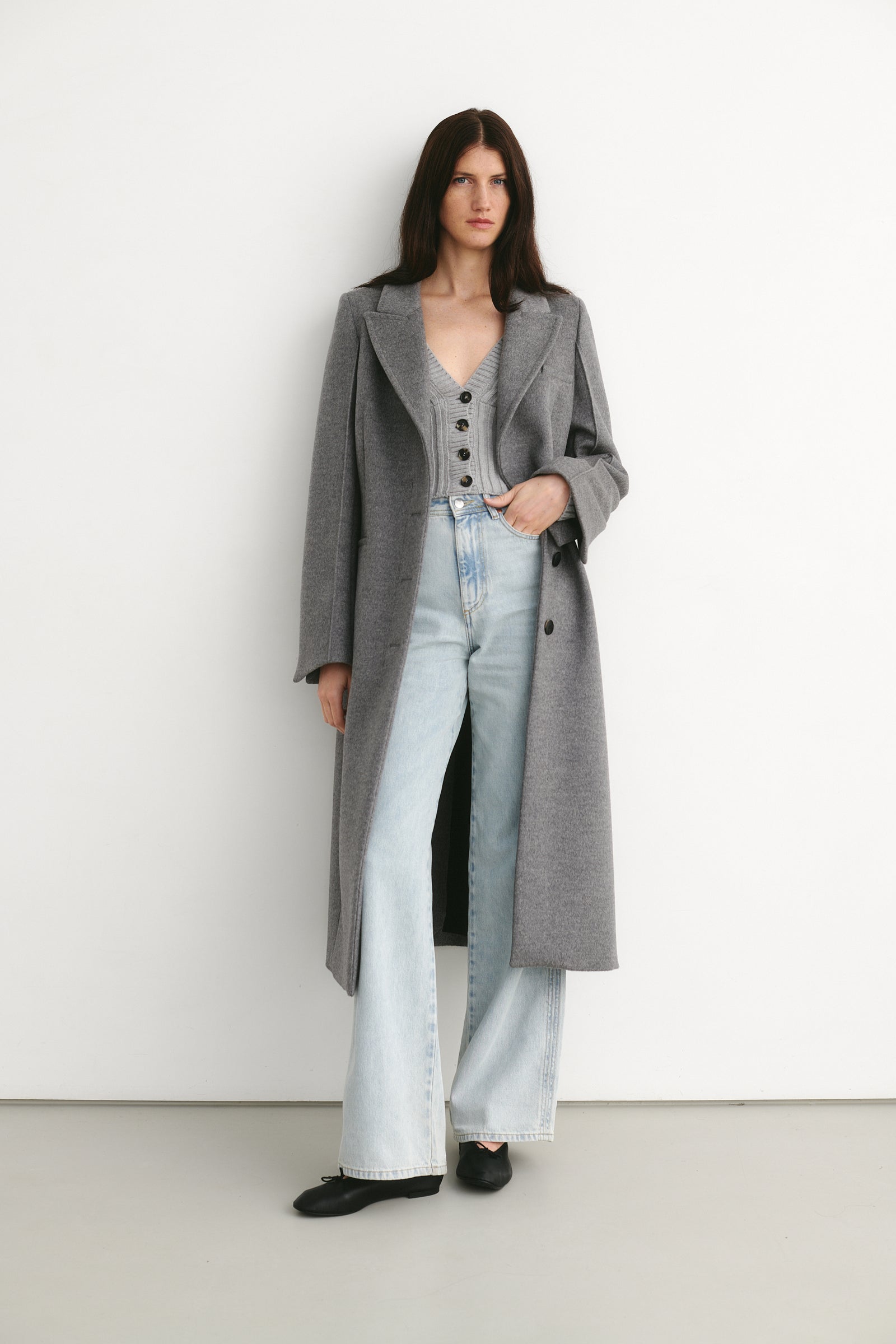 womens grey dress coat Alicia Gray Belted Long coat in Dark Gray, cozy winter coat layering, tailored lapel coat formal, women's coats & jackets, SOERA